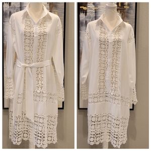 WOMEN'S WHITE LACE/COTTON CASUAL DRESS/MIDI DRESS LONG SLEEVE